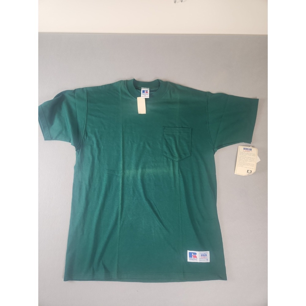 Vintage Russell Athletic Pocket T-Shirt Med Green USA Made Blank Workwear Tee